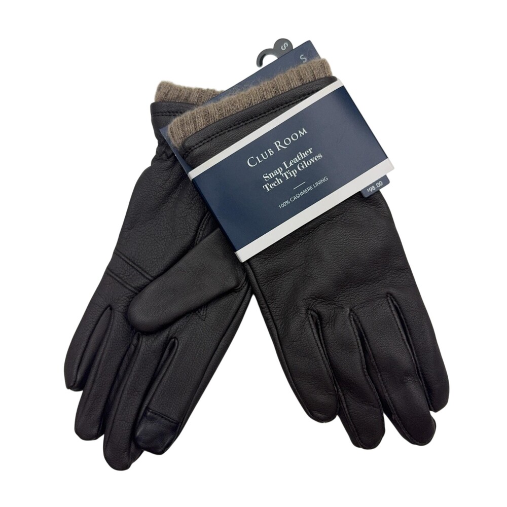 Club Room Men's Snap Leather Tech Tip Gloves S Brown Cashmere Lined